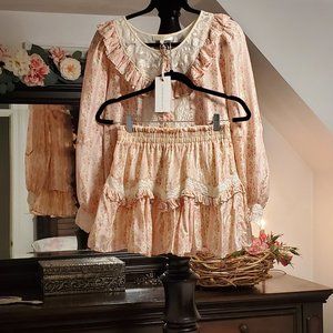 LoveShackFancy Set Piccolo Skirt & Morrison Top Frosted Petal Stripe Small